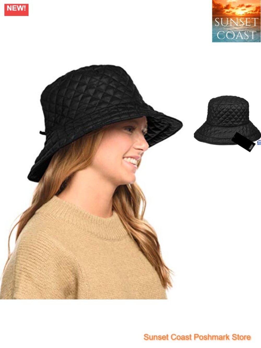 Quilted Water Repellent Foldable Rain Hat Adjustable Drawstring Bucket Cap